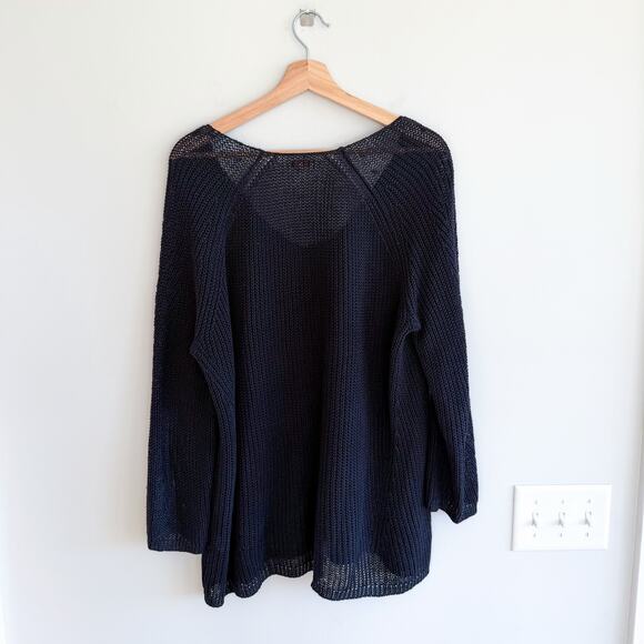 Demylee Linen Knit V-Neck Pullover Long Sleeve Sweater Navy L - Picture 2 of 7